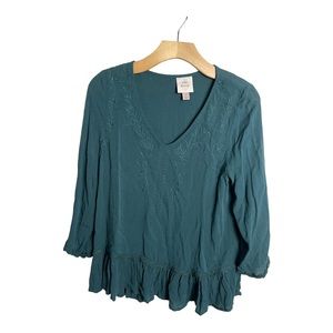 Knox Rose Emerald Green Floral Embroidered Boho Peplum Blouse Size XS